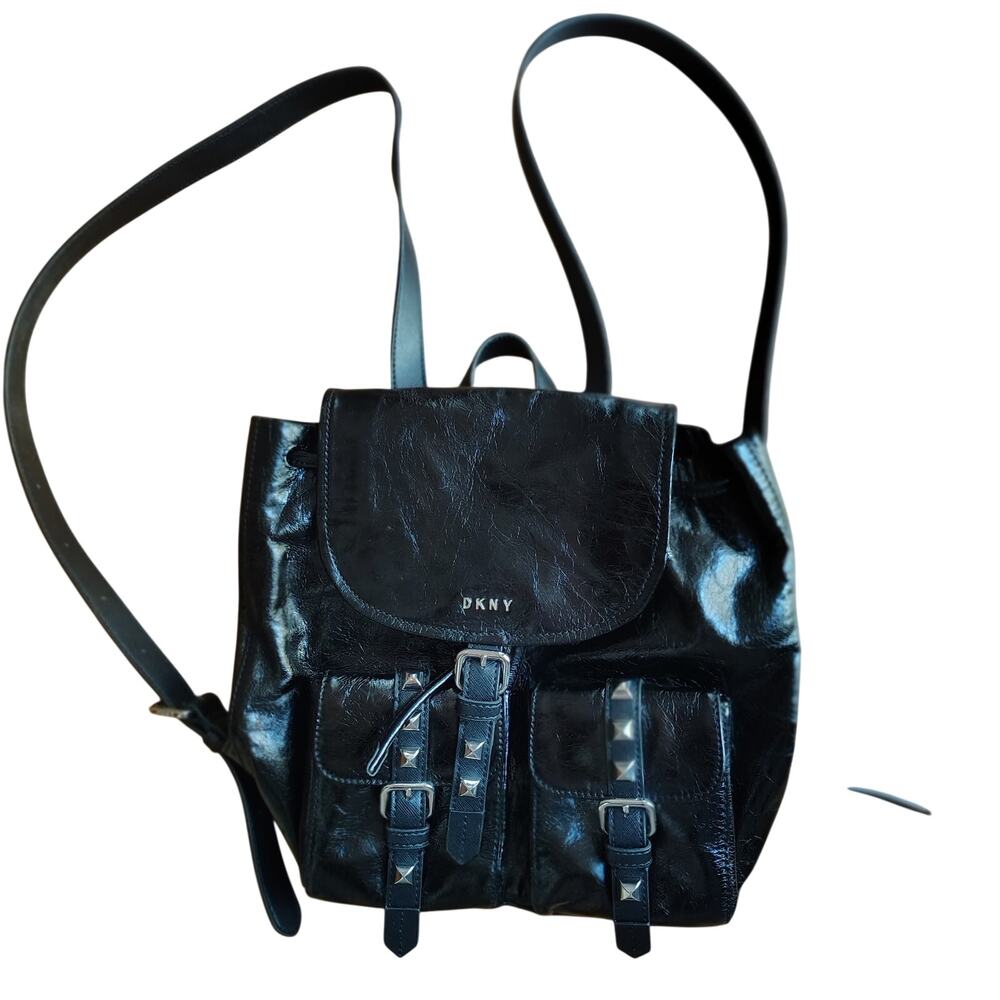 DKNY Black Patent Backpack Real Front Pockets Faux Strap Closures Drawstring Top